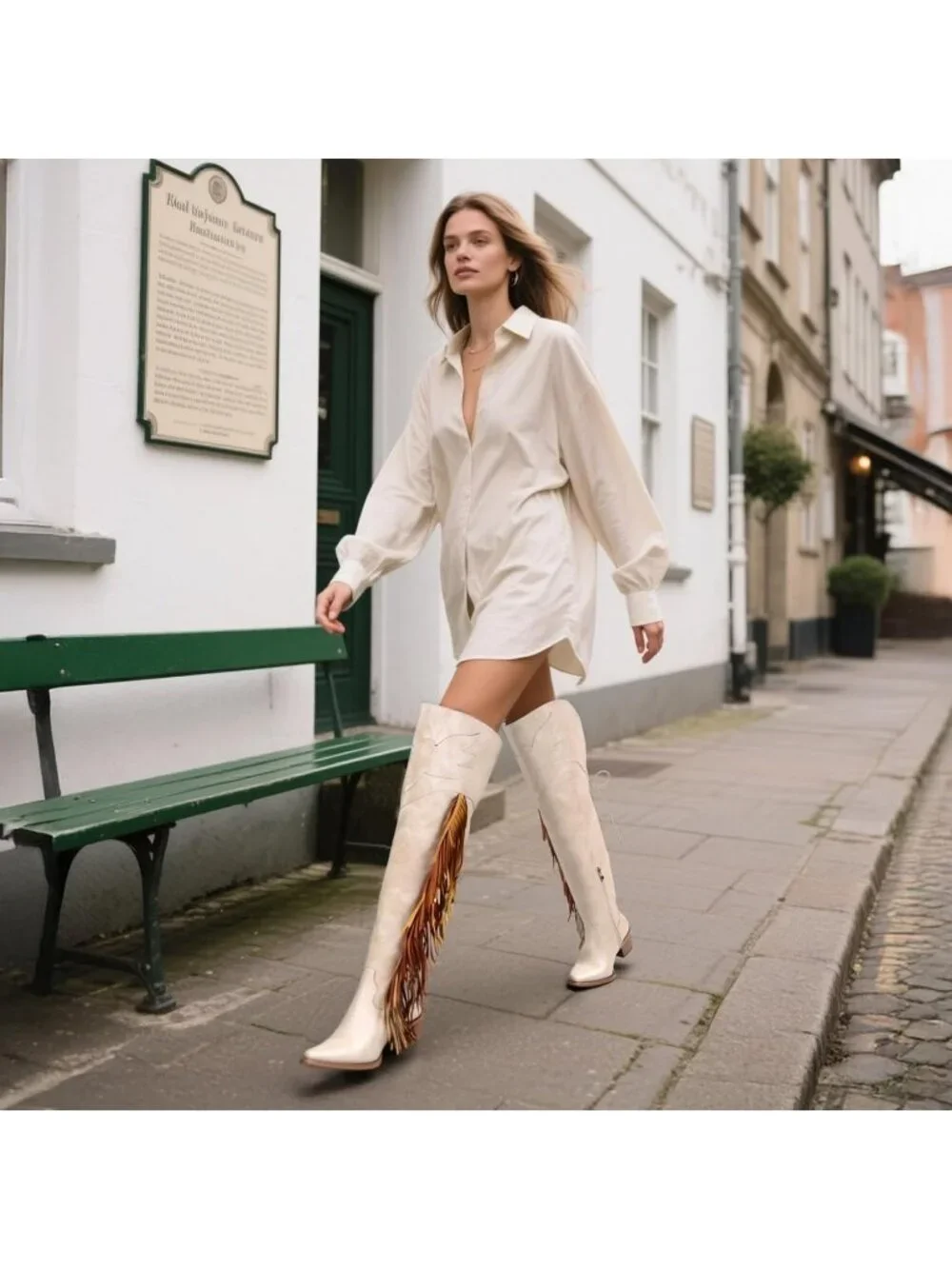 Women's Beige Knee High Furry Heel Boots Faux Fur Pointed Toe Snow Western Boots